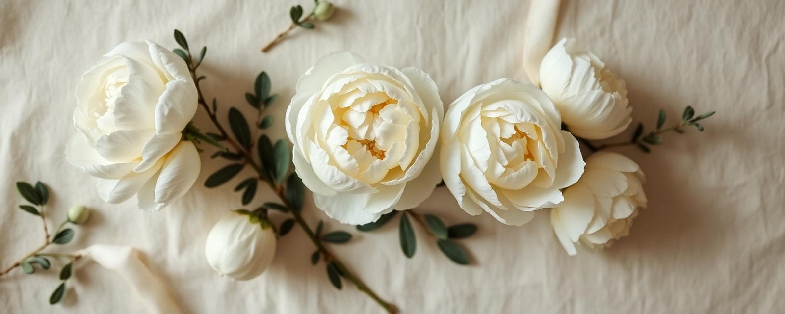Compoziție florală editorială cu bujori albi și eucalipt