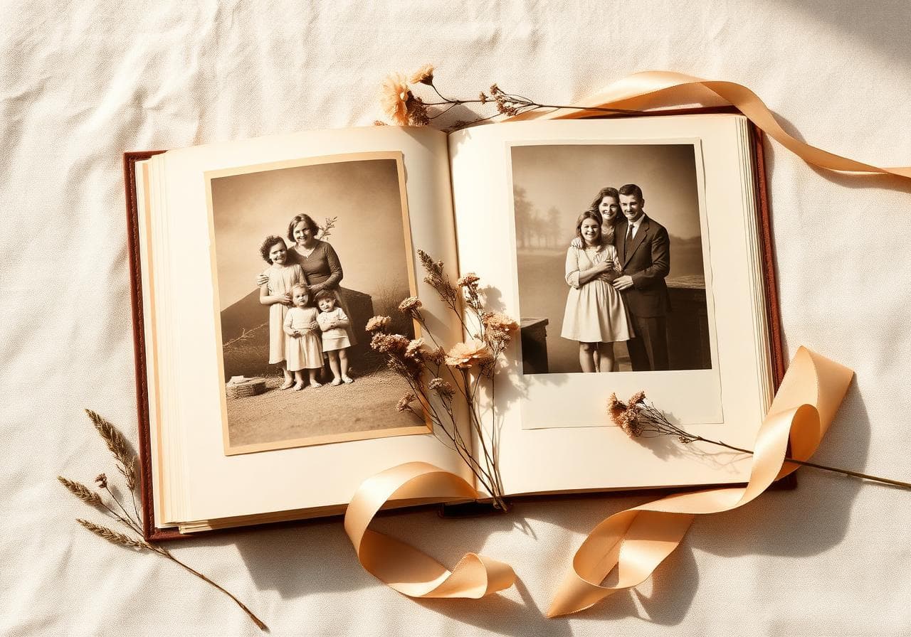 Album foto vintage deschis cu fotografii de familie sepia și flori uscate
