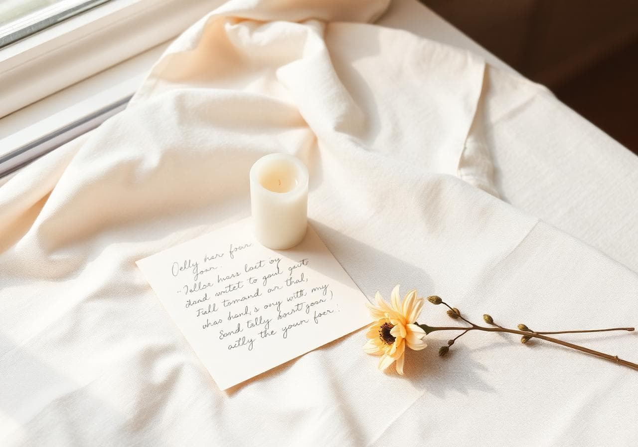 Lumânare albă, scrisoare scrisă de mână și floare presată pe in crem